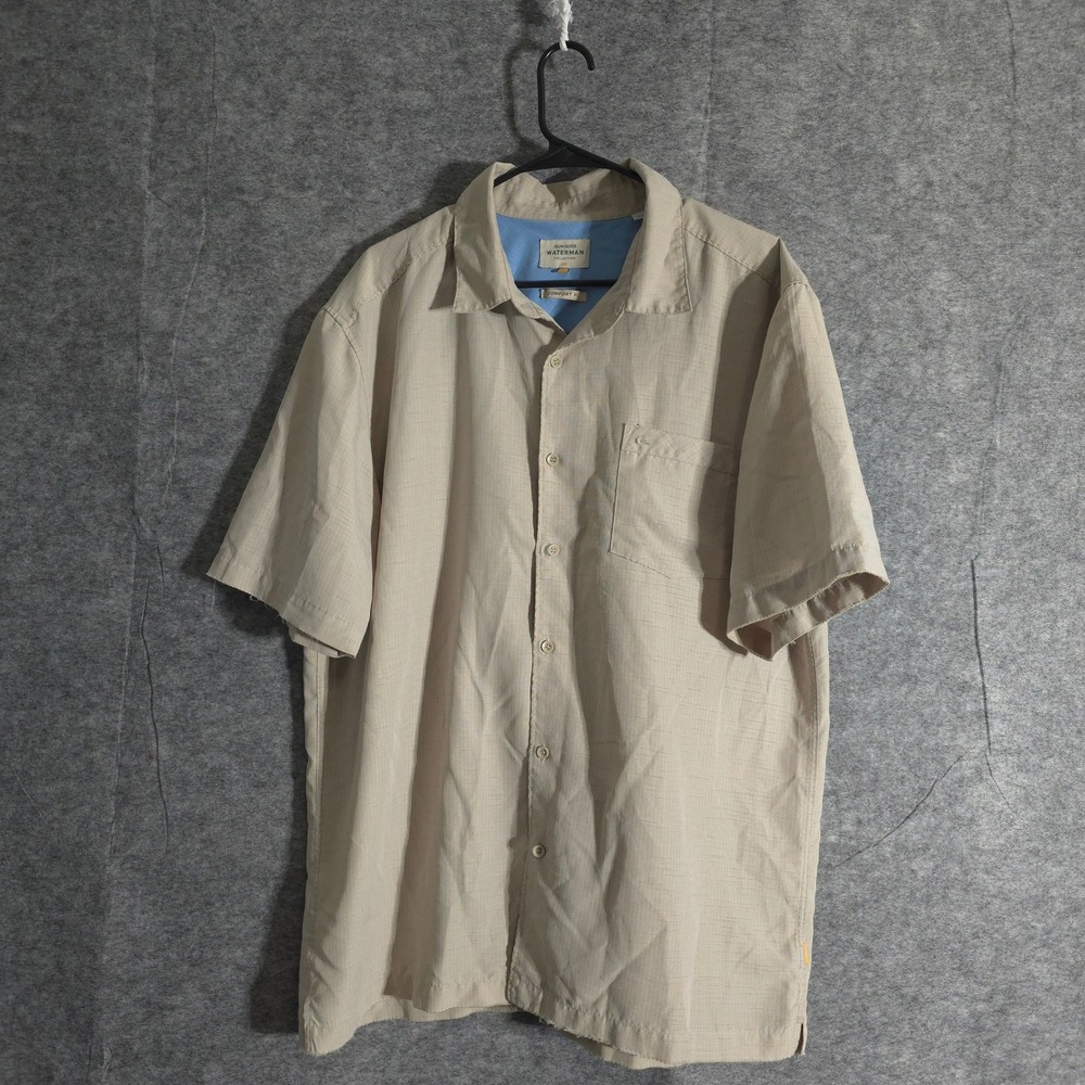 Quiksilver Waterman Collection Button Up Shirt Men XL Beige Comfort Fit Hawaiian